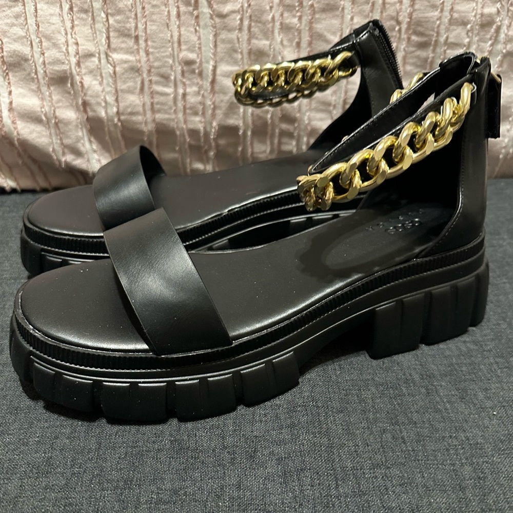 ASOS black sandals with gold chain accent size 8